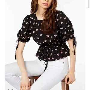 Jill Stuart Black Floral Puff Sleeve Blouse Smocked Waist Tie Detail Women's XS